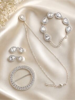 Silver Teardrop Crystal Necklace & Jewelry Set - Classic Silver Sparkle
